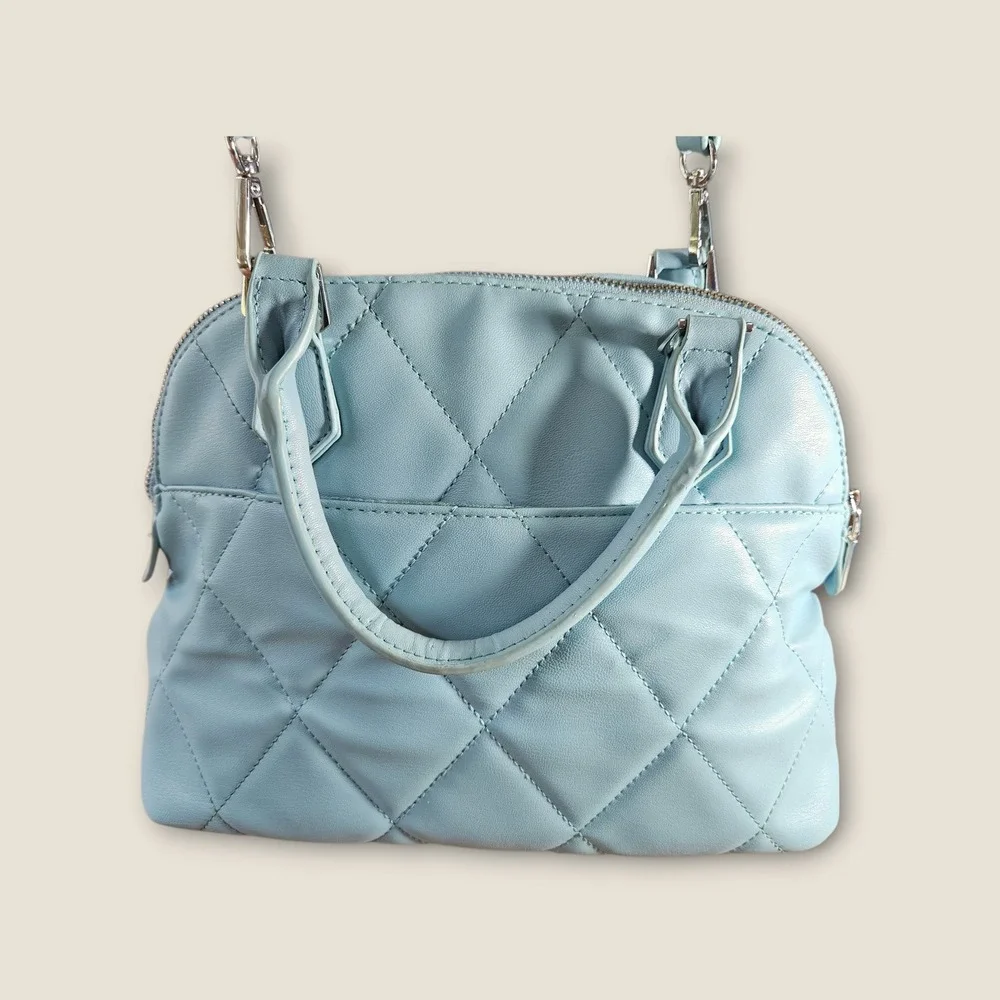 Badgley Mischka Blue Quilted Dome Satchel‎ Crossbody Studded Handbag Vegan